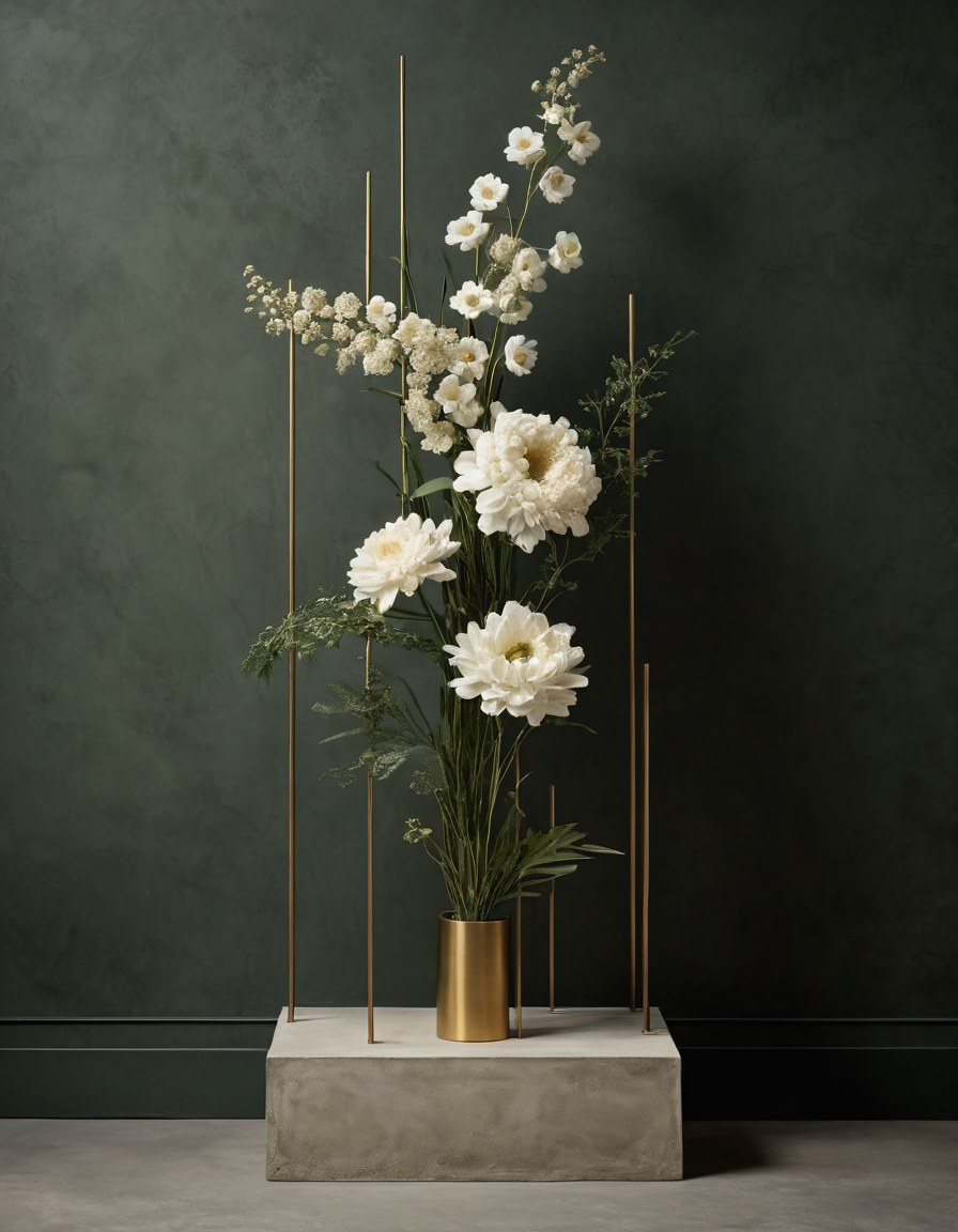 Instalación floral vertical de flores blancas y follaje conservado contra un muro verde bosque