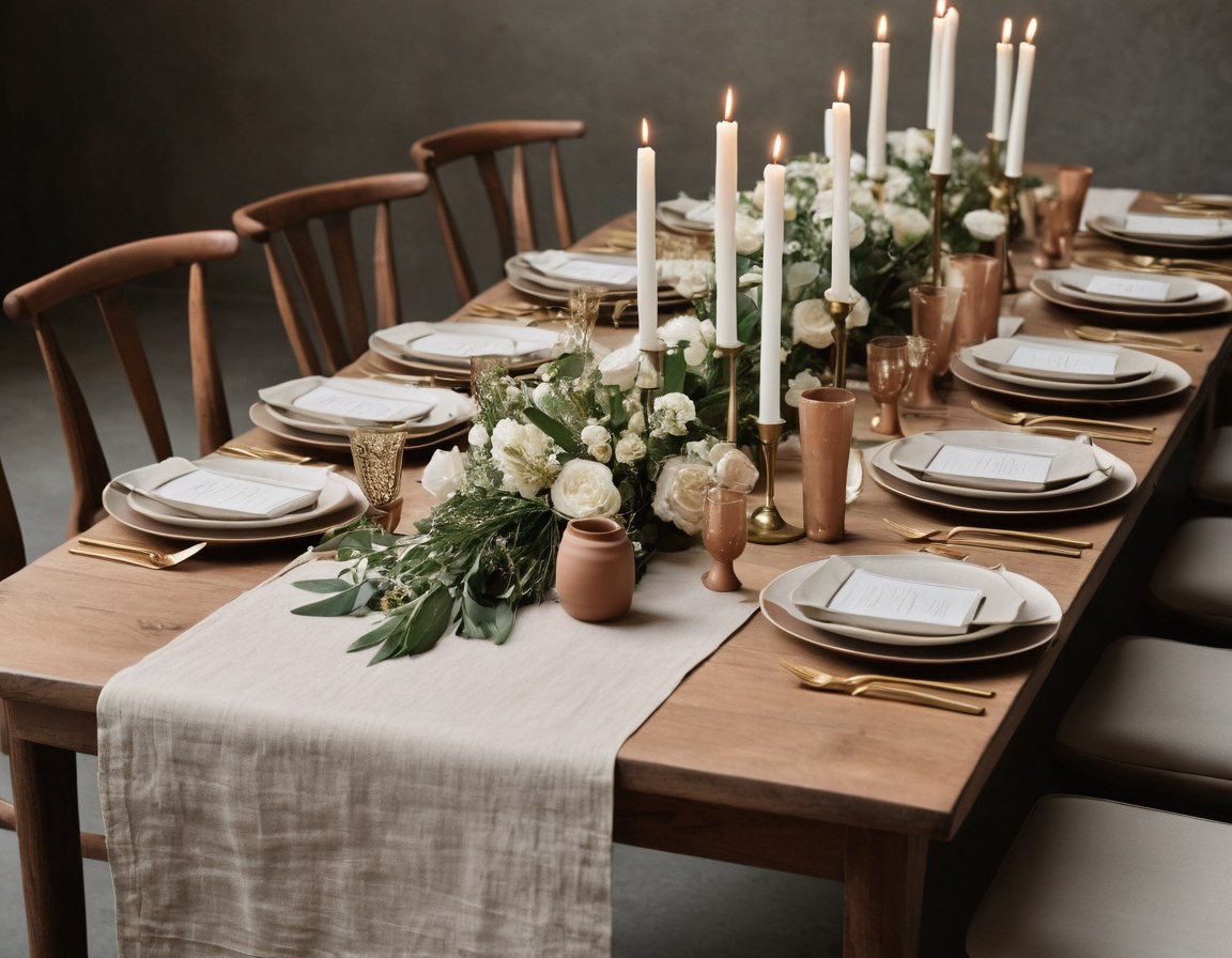 Mesa larga de banquete vestida con camino de lino natural, vajilla mate y velas encendidas