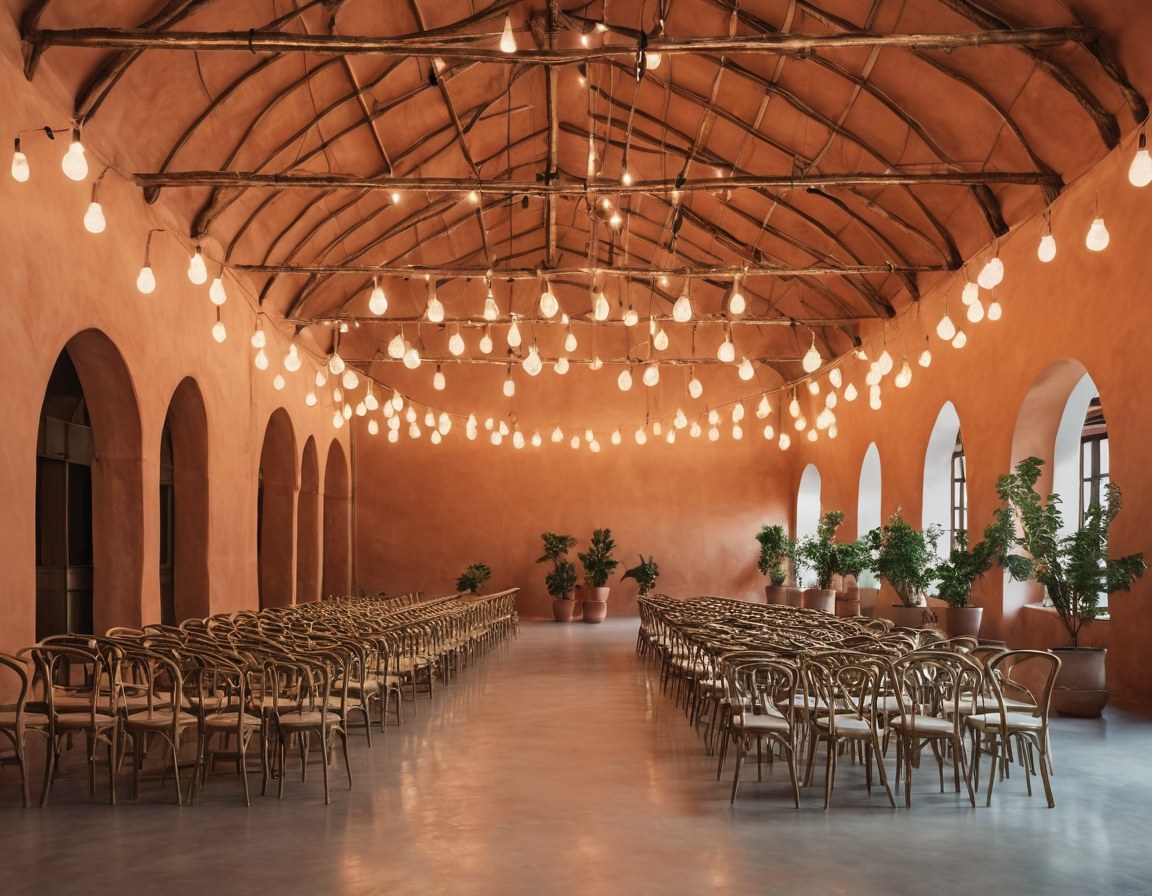 Salón iluminado a la hora azul con hileras de sillas vacías bajo focos colgantes