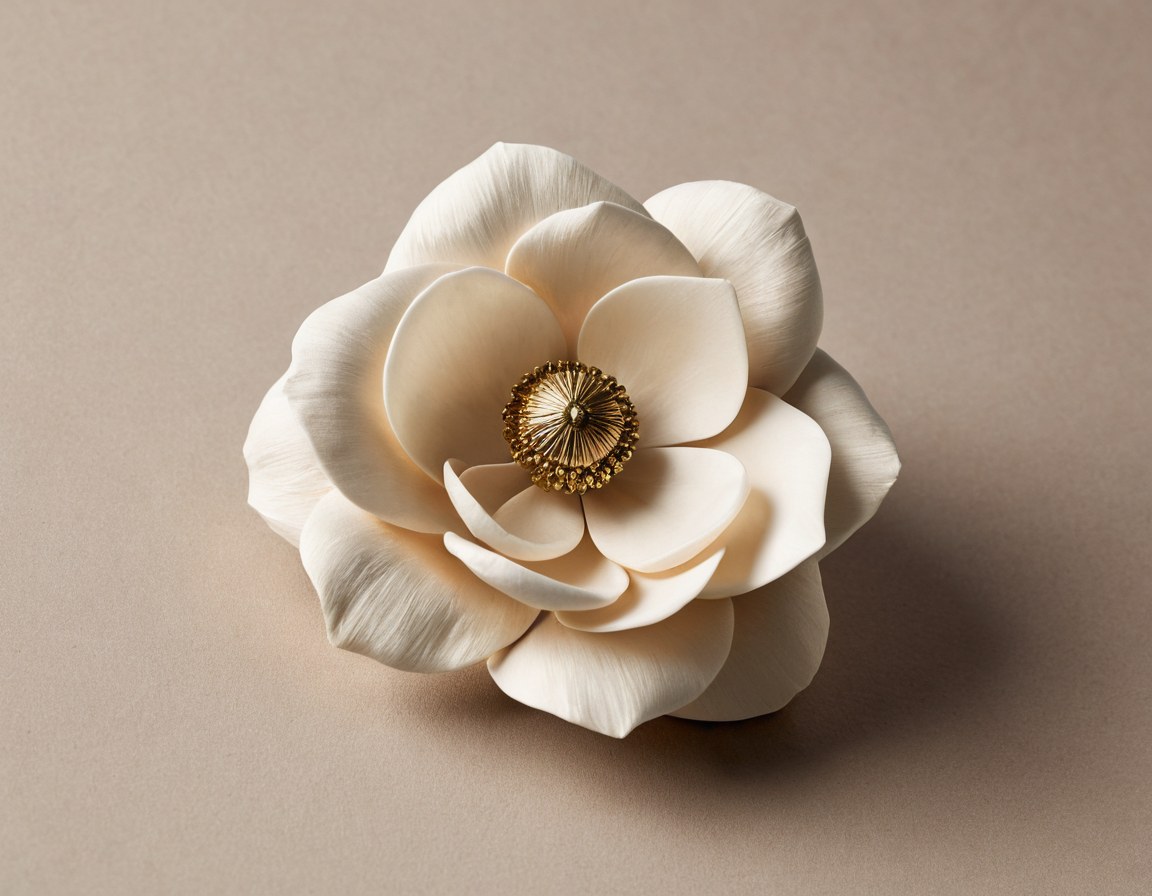 Detalle macro de una flor escultórica de porcelana con el centro trabajado en latón sobre fondo liso