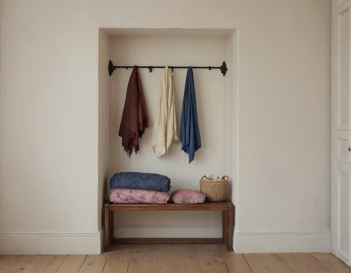 Puerta interior con textiles doblados en una banca y luz de día