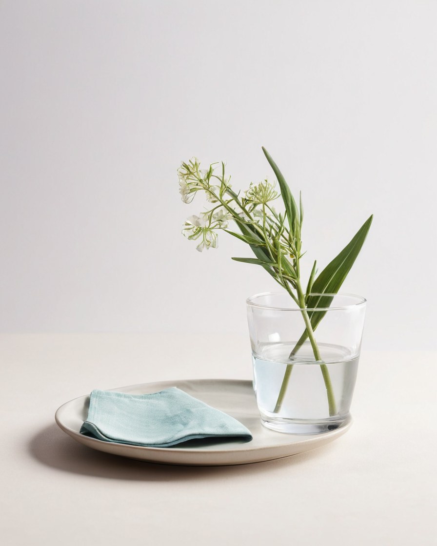 Vaso con agua, textil doblado, plato de cerámica y una rama sobre una mesa mineral clara