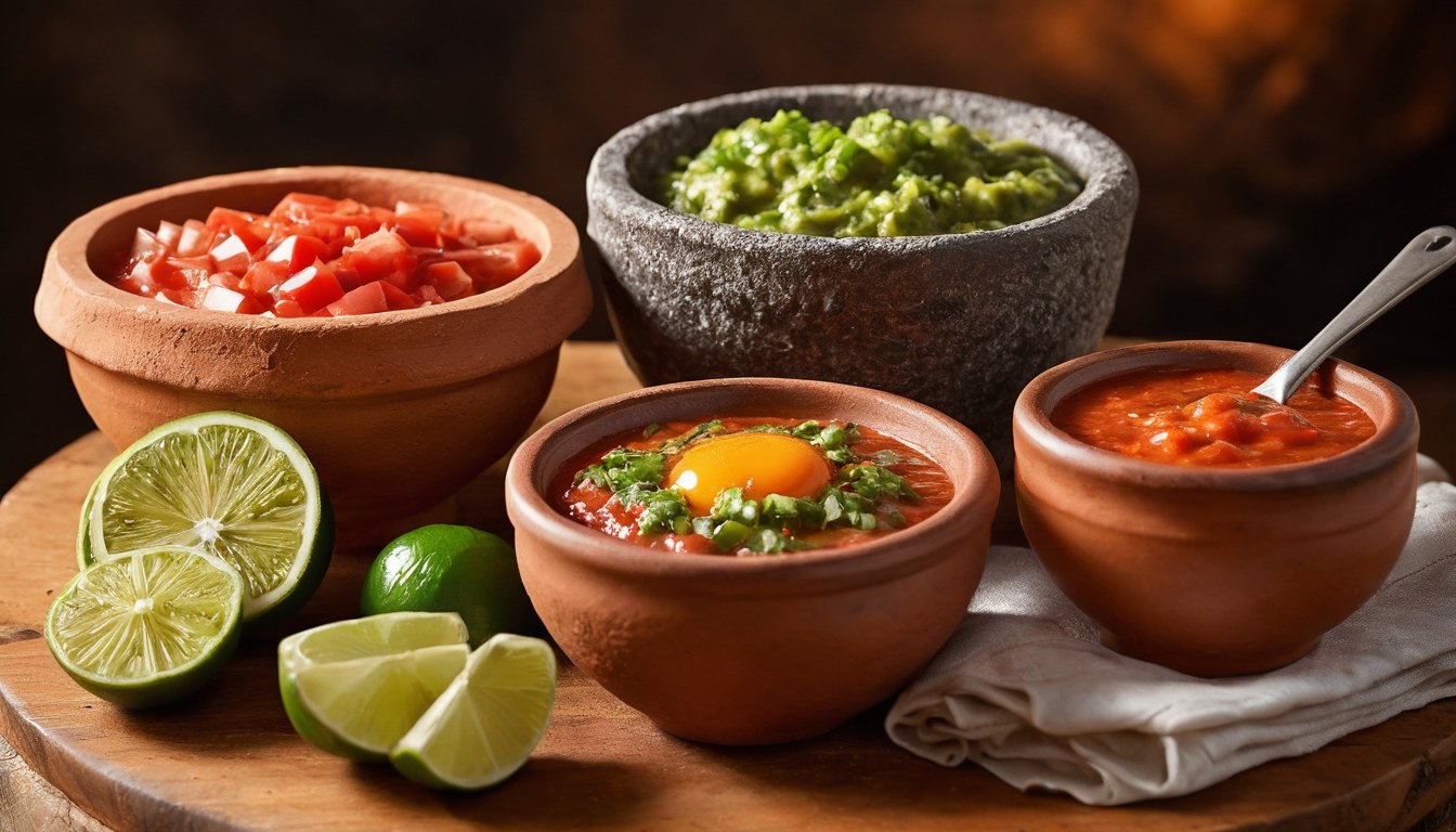 Salsas caseras en molcajetes de rosticería en Ciudad de México