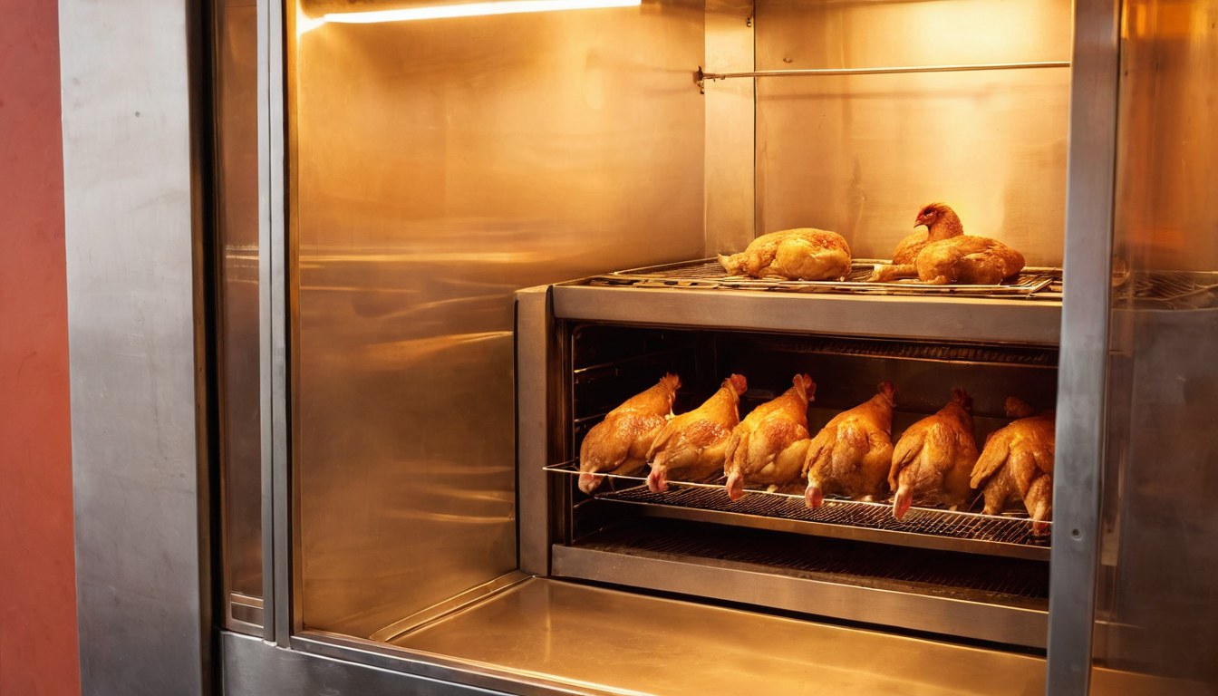 Pollos rostizándose dorados en horno giratorio de rosticería en Ciudad de México