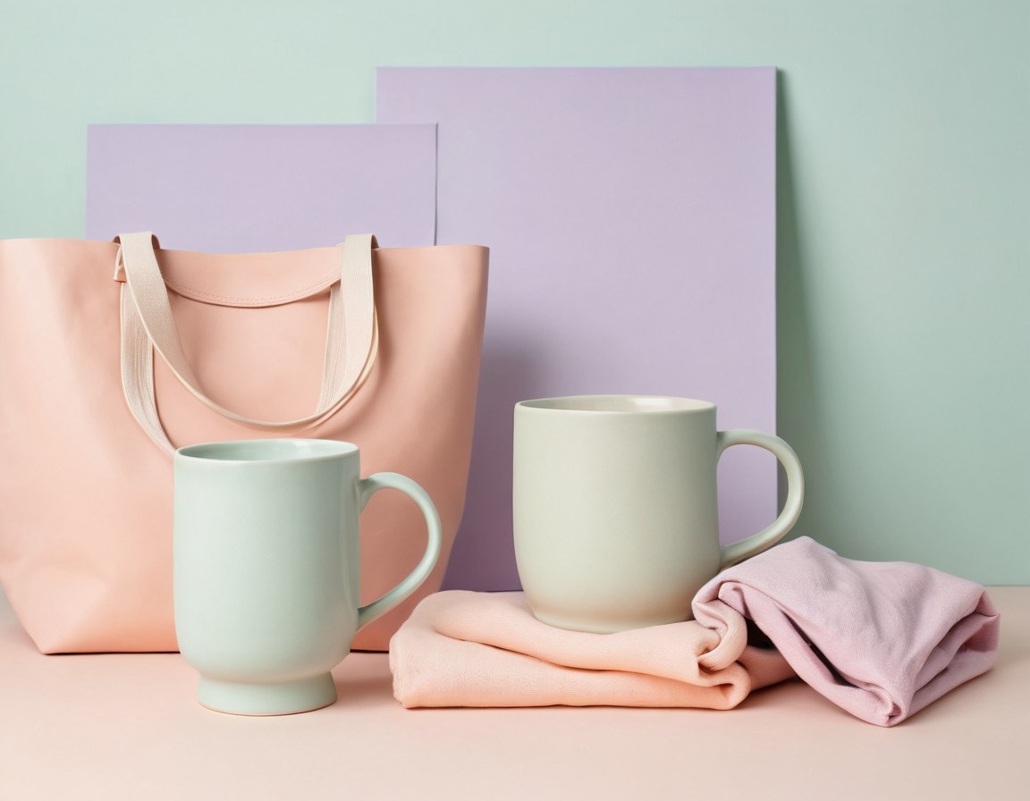 Taza, bolsa de tela y ropa doblada sobre un fondo menta suave