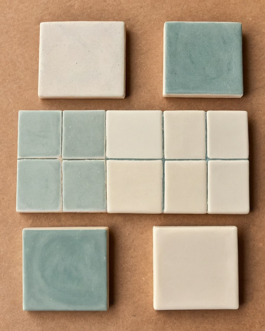 Muestras de azulejo artesanal acomodadas sobre una mesa de trabajo encalada