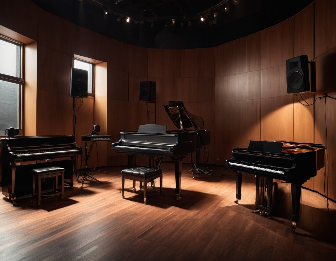 Sala de captura vacía con pianos, monitores y muro de difusión de madera