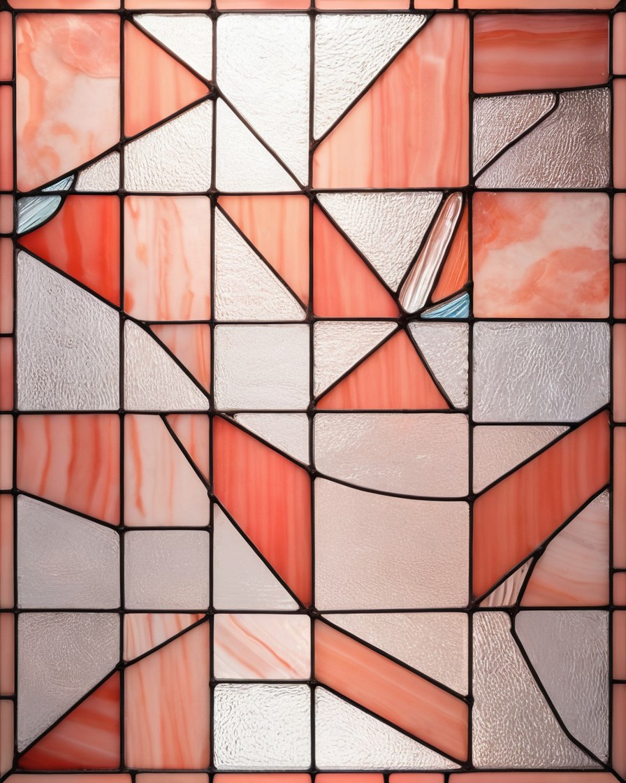 Panel geométrico de vitral coral y cristal claro a contraluz