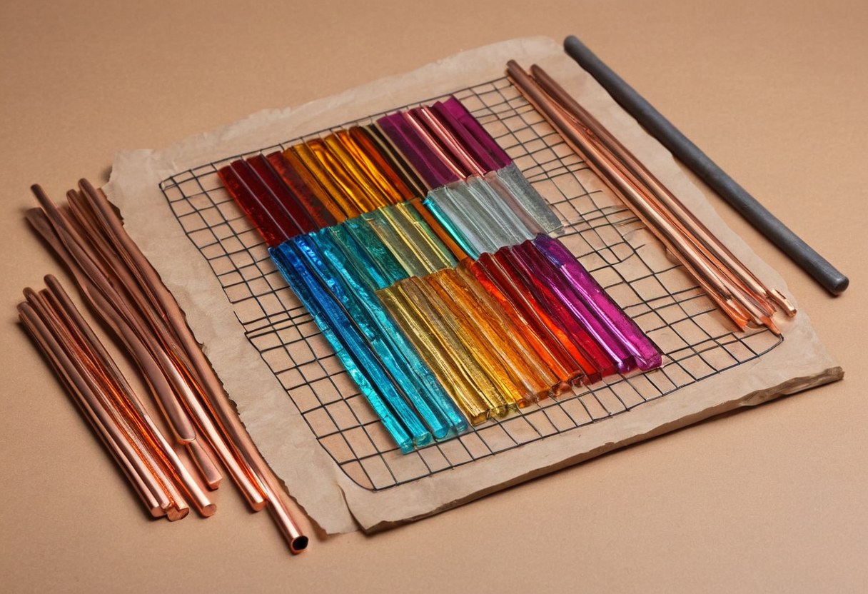 Varillas de color, láminas de vidrio y perfil de plomo ordenados en la mesa del taller