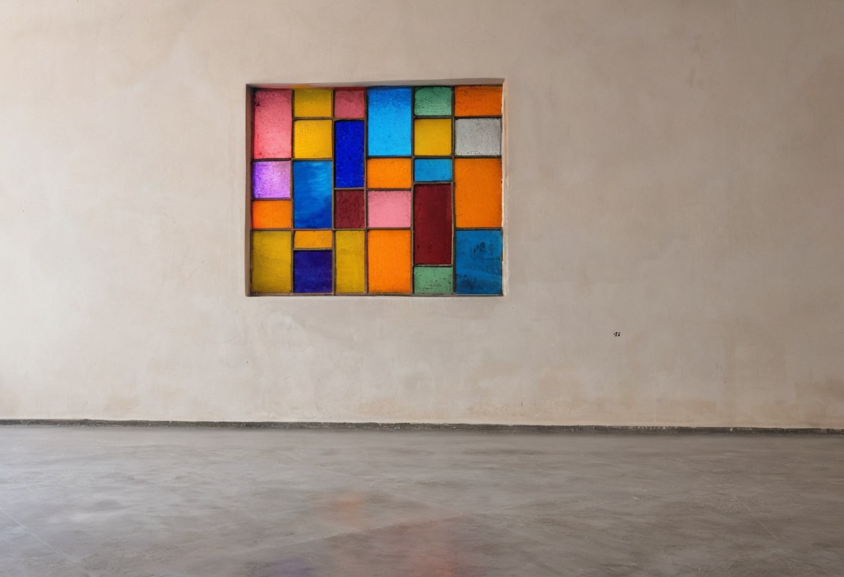 Vitral proyectando figuras de color sobre un muro de yeso