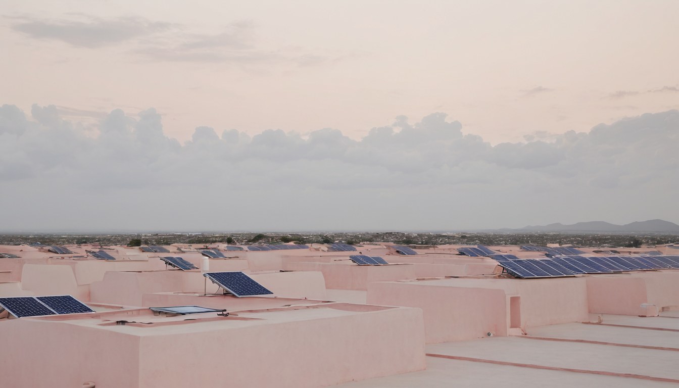 Horizonte tranquilo sobre una azotea limpia con un arreglo solar pequeño