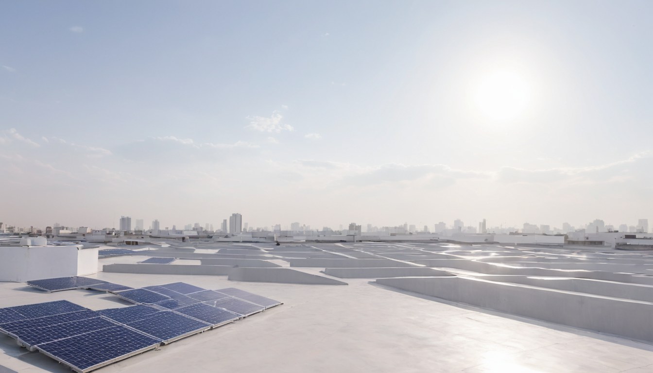 Cubierta urbana con un arreglo pequeño de paneles solares y nubes claras a contraluz