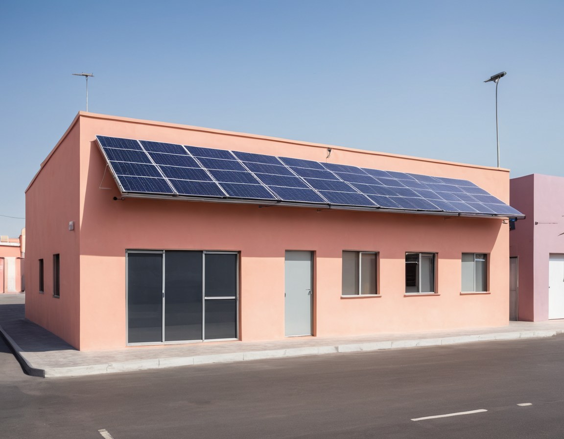 Local comercial de una planta con una hilera de módulos solares sobre su cubierta