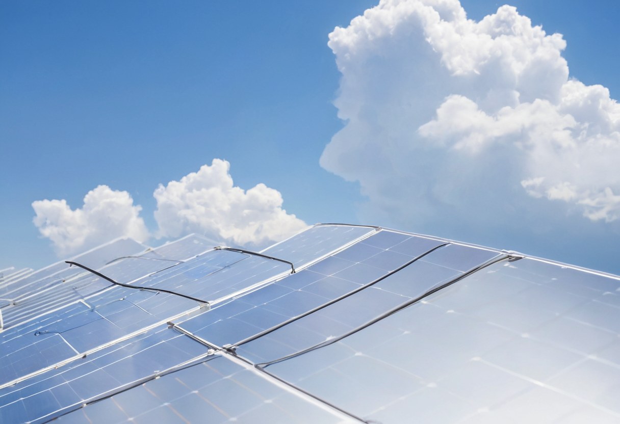 Vista amplia de módulos fotovoltaicos en hilera reflejando nubes suaves