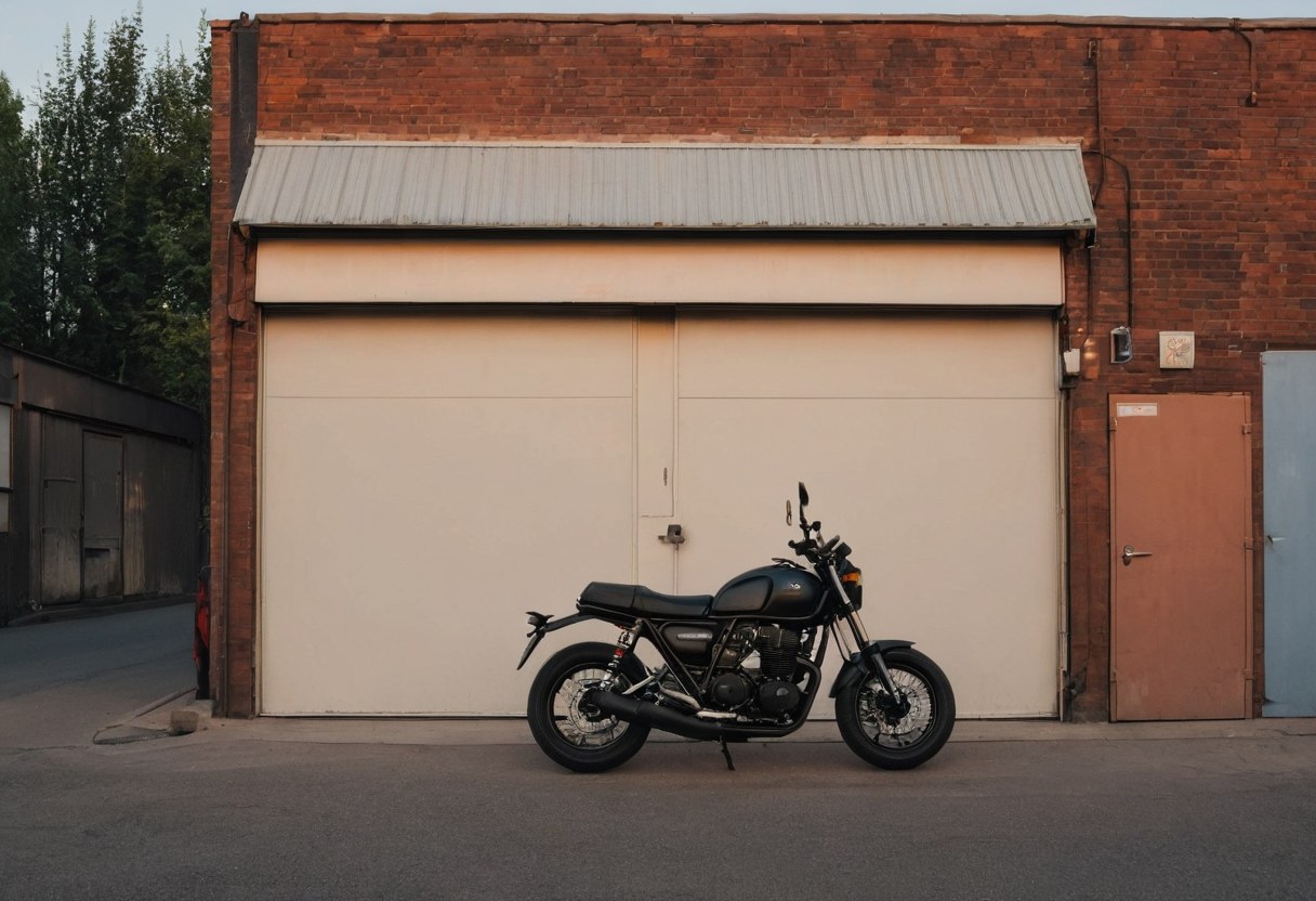 Entrada de un taller al atardecer con una motocicleta estacionada junto a la cortina