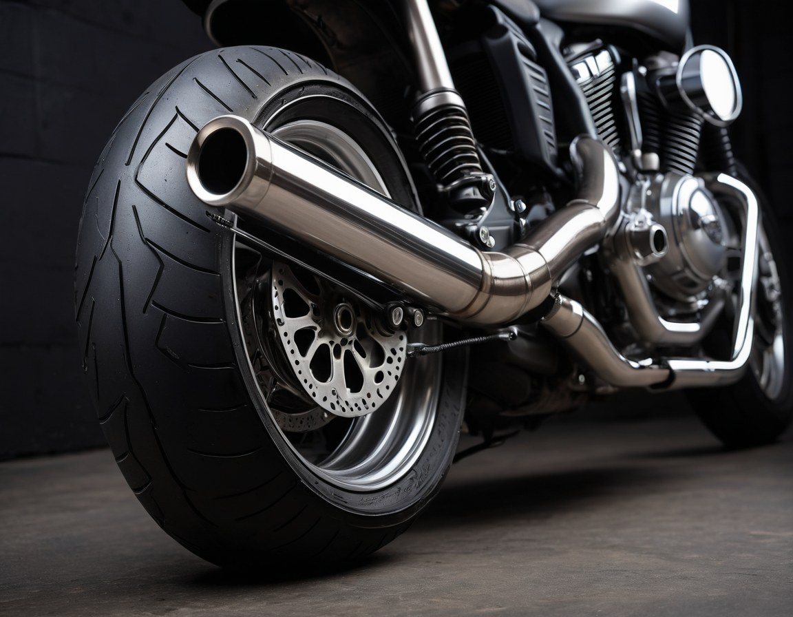 Detalle de los tubos de escape y la suspensión trasera de una motocicleta