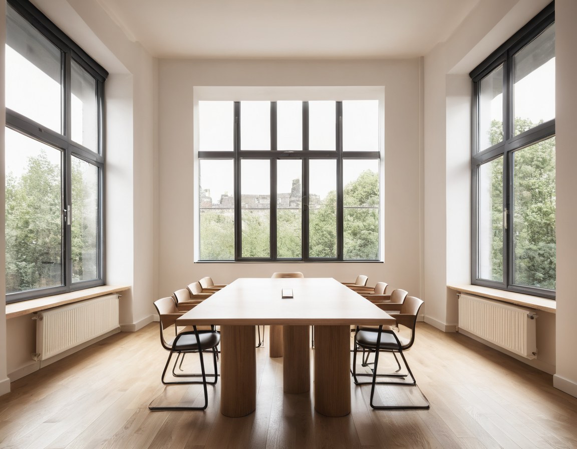 Sala de juntas vacía con mesa de roble y ventanales altos