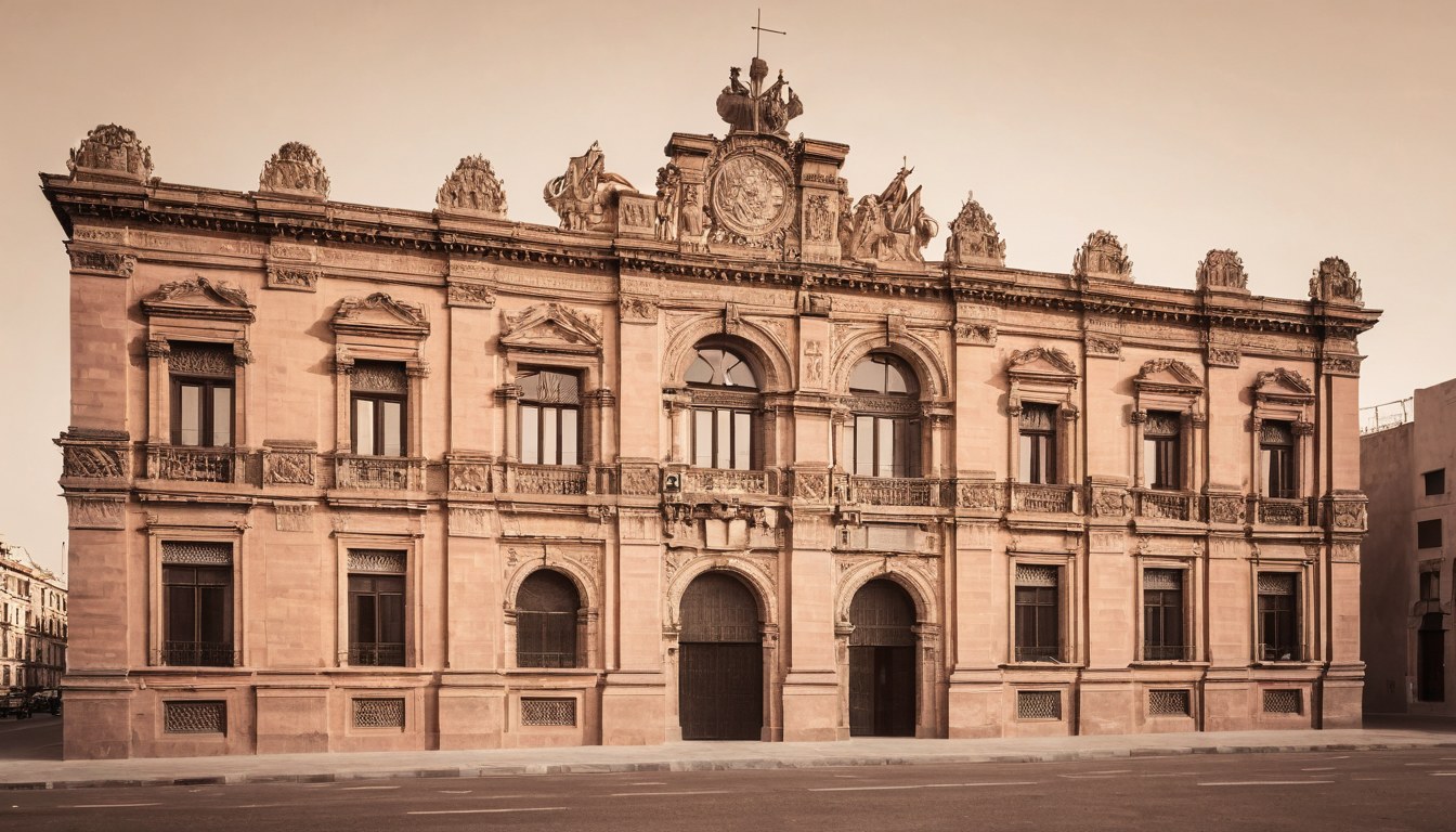 Fachada de piedra de un edificio histórico de oficinas al amanecer