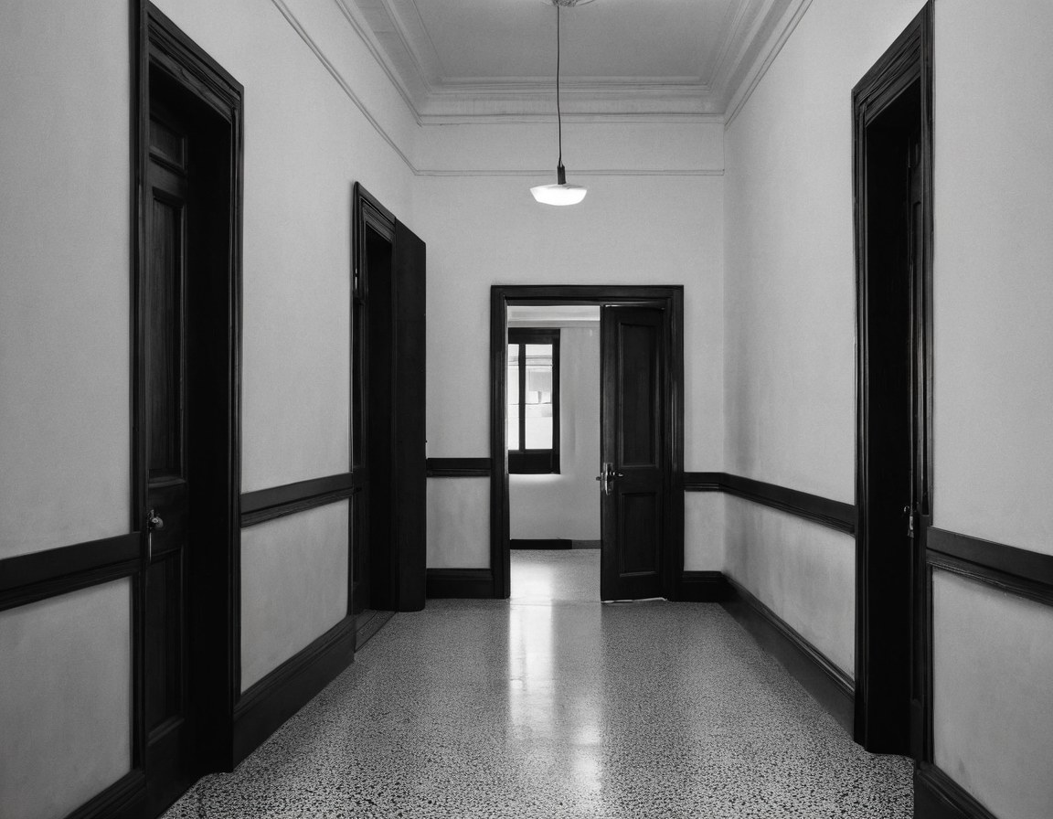 Pasillo de oficinas con piso de terrazo y marcos de madera
