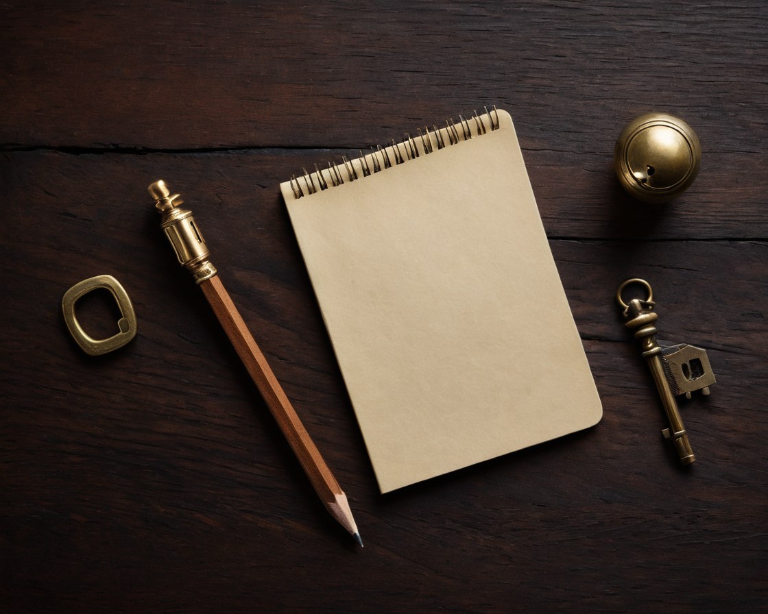 Libreta de piel, pisapapeles de latón y una llave sobre un escritorio de madera