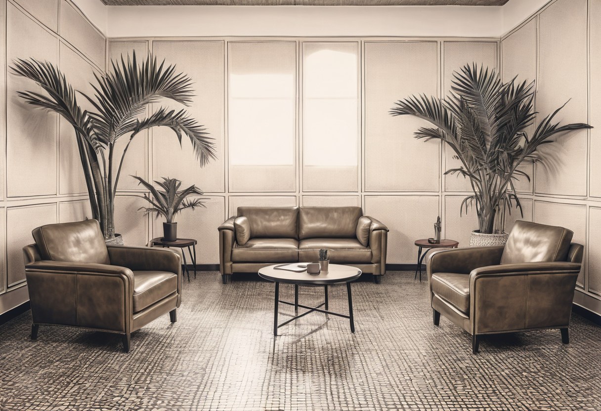 Sala de espera con sillones, palma y luz de ventanal