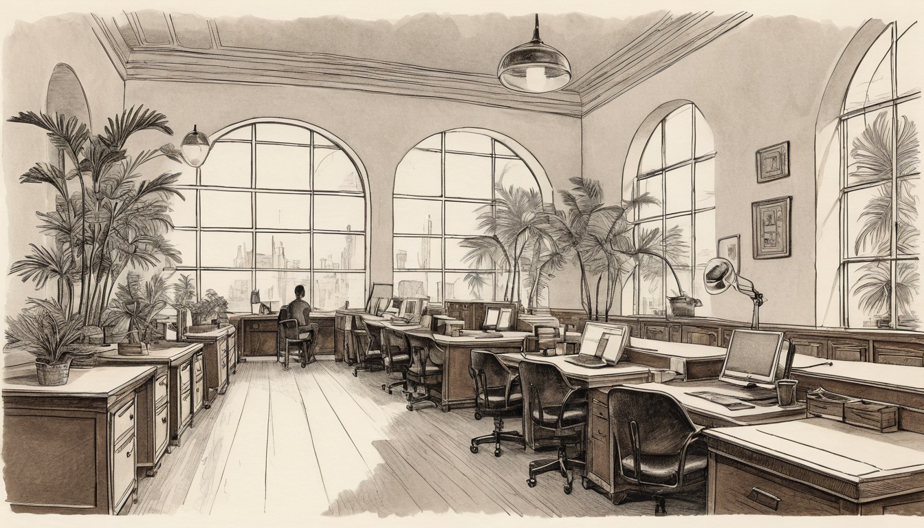 Interior de oficinas con escritorios de madera, lámparas y ventanales altos