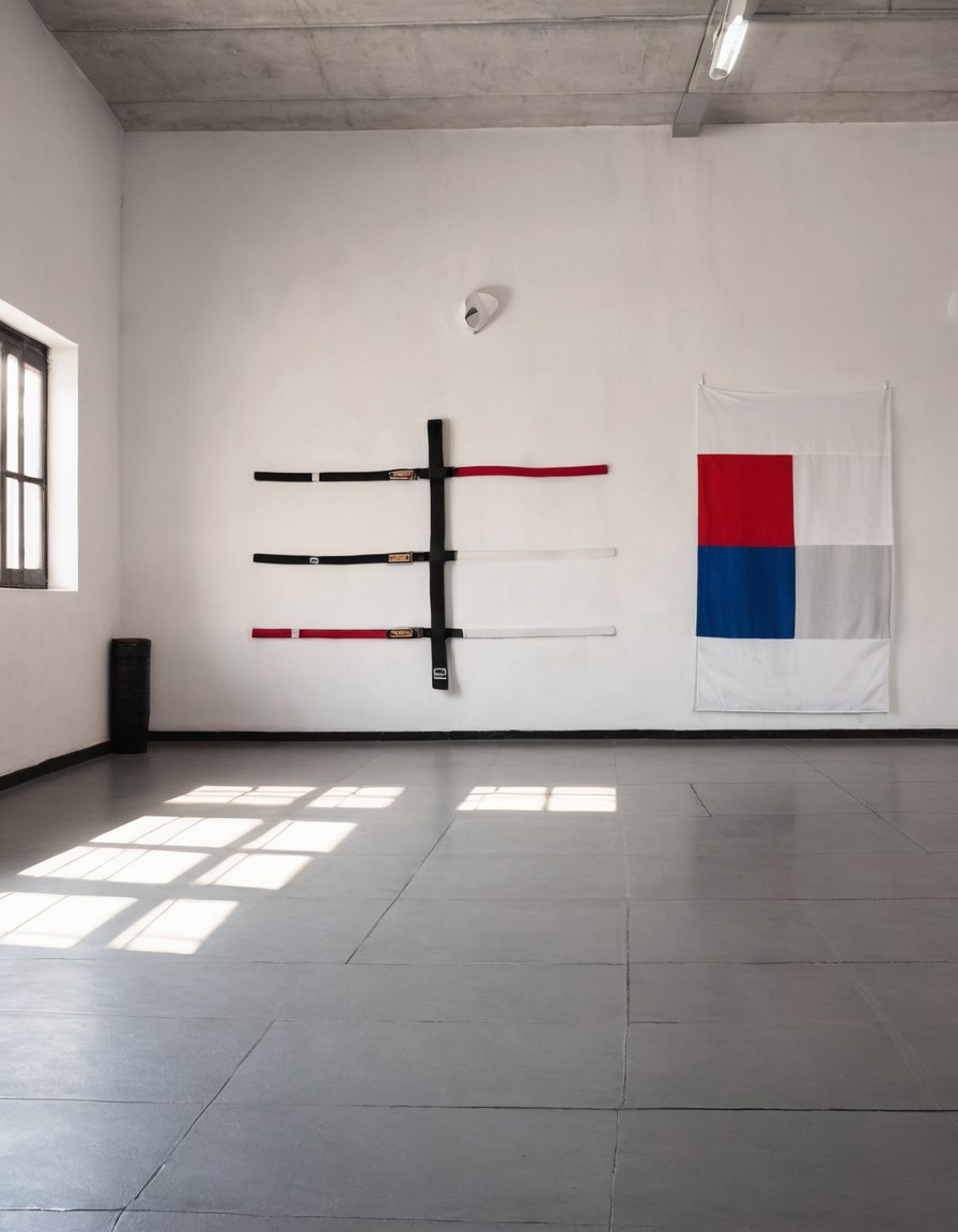 Interior del dojang con el tatami tendido y luz diagonal sobre el concreto