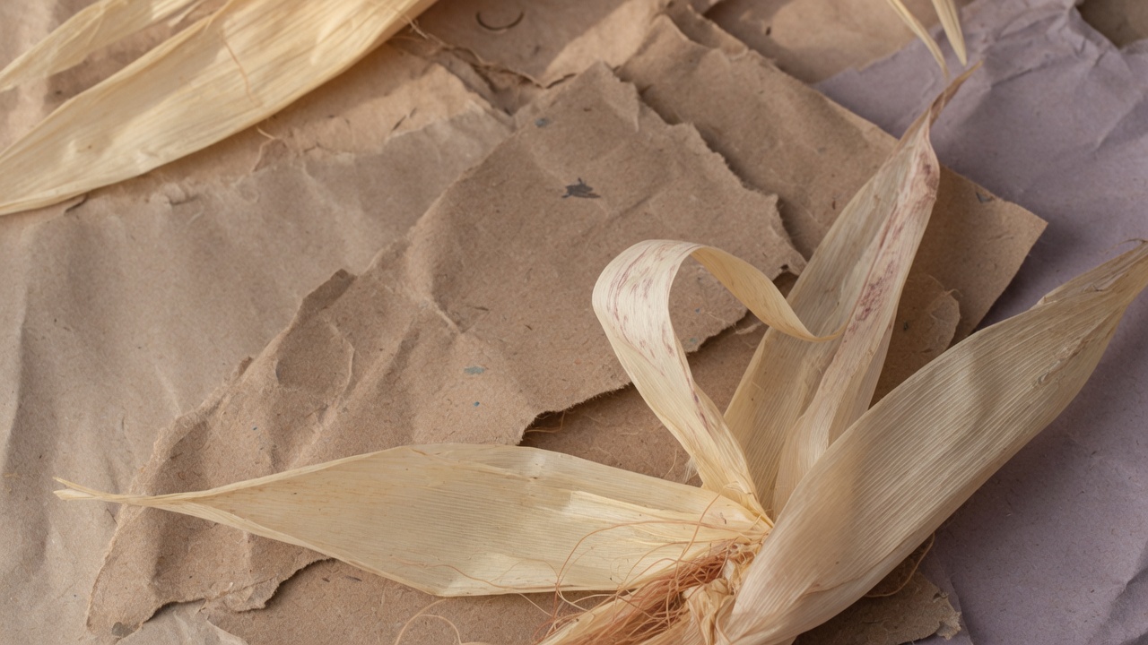 Hojas de maíz secas y papel reciclado fibroso vistos de cerca