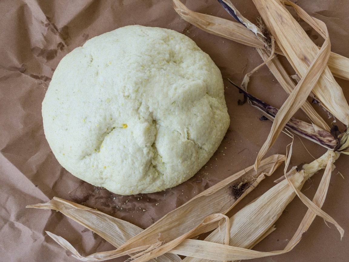 Bola de masa de maíz fresca sobre papel estraza con hojas de maíz secas