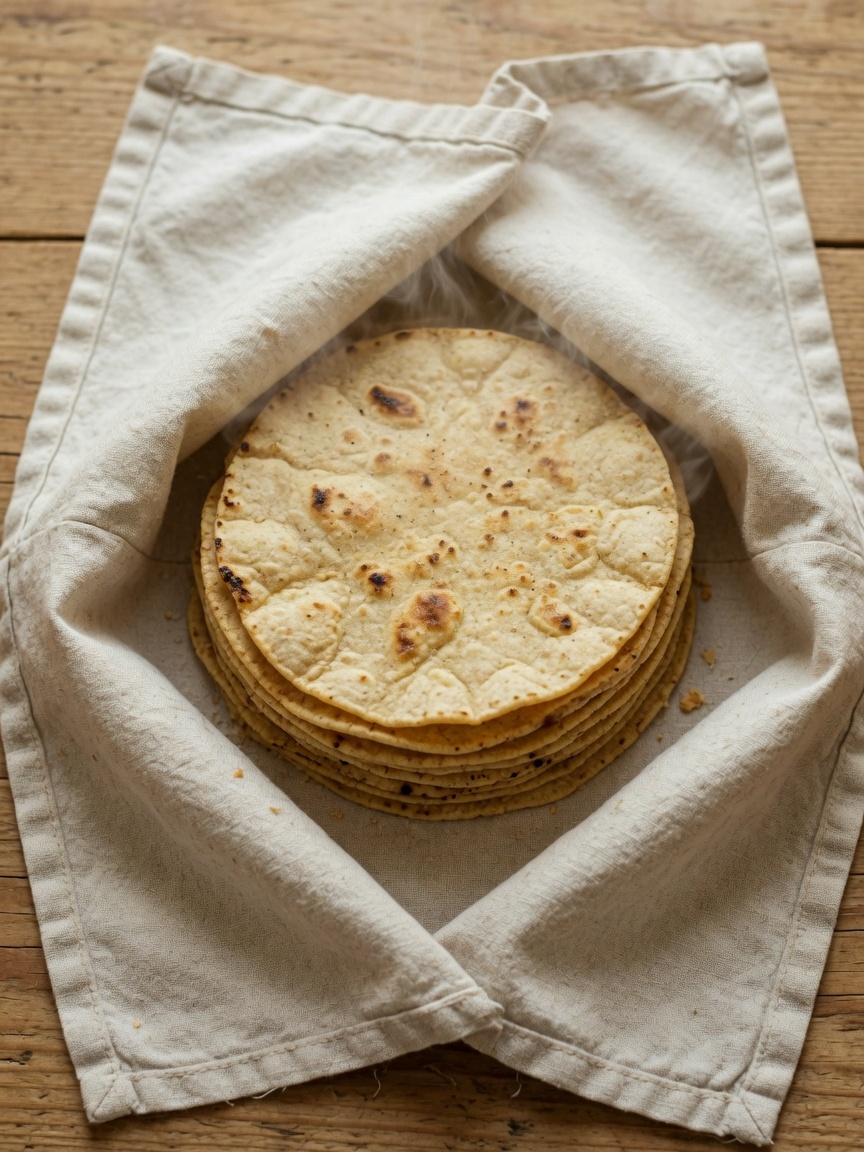 Servilleta de tela abierta con un cerro de tortillas de maíz adentro