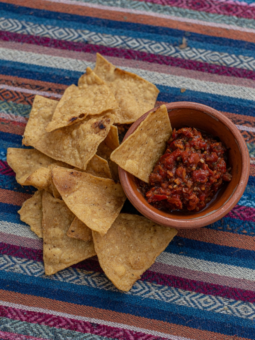 Totopos hechos a mano junto a un cajete de salsa roja sobre un textil tejido