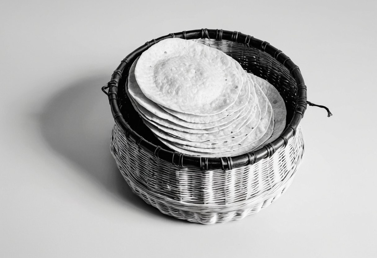 Canasta de mimbre con tortillas y hojas de maíz, foto de barrio