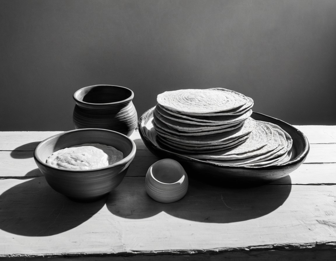 Mesa puesta con canasta de tortillas y cazuelas de barro