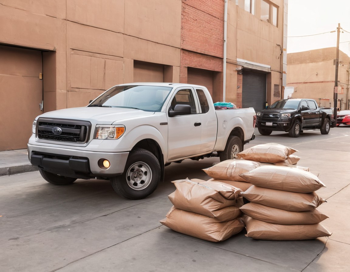 Camioneta de carga junto a costales y cartón separado listos para recolección