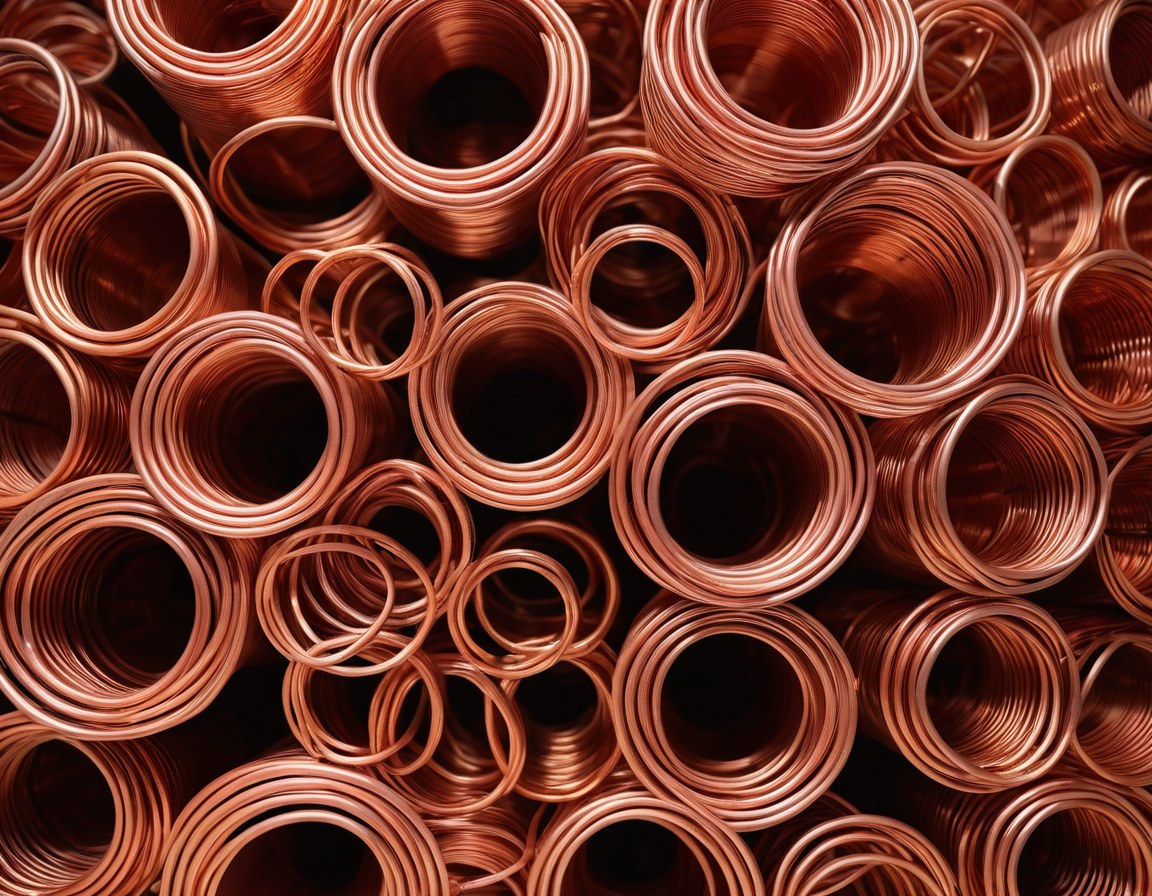 Rollos de alambre de cobre y tubería limpia acomodados como bodegón de material
