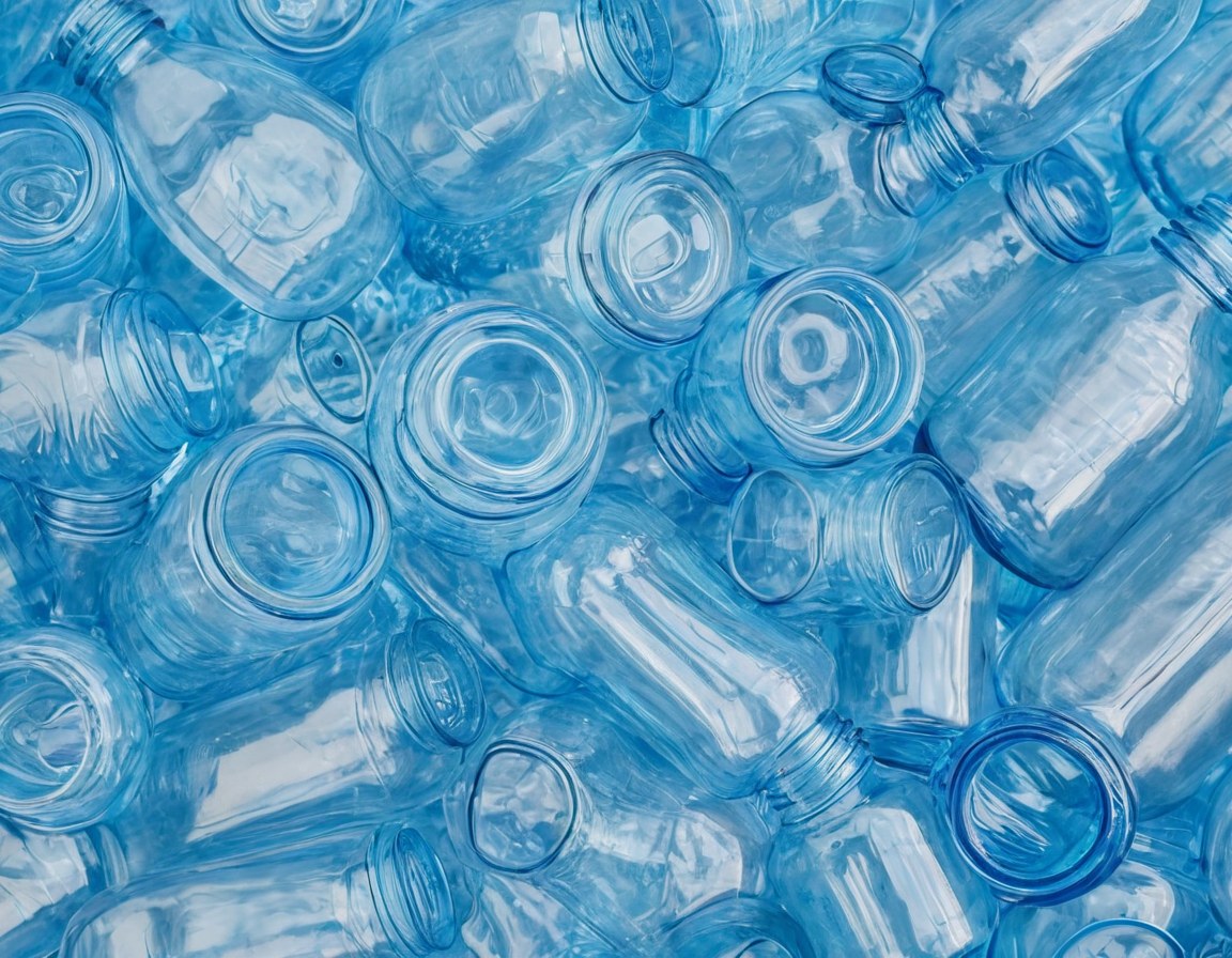 Botellas de PET transparente y azul compactadas para reciclaje sobre fondo neutro