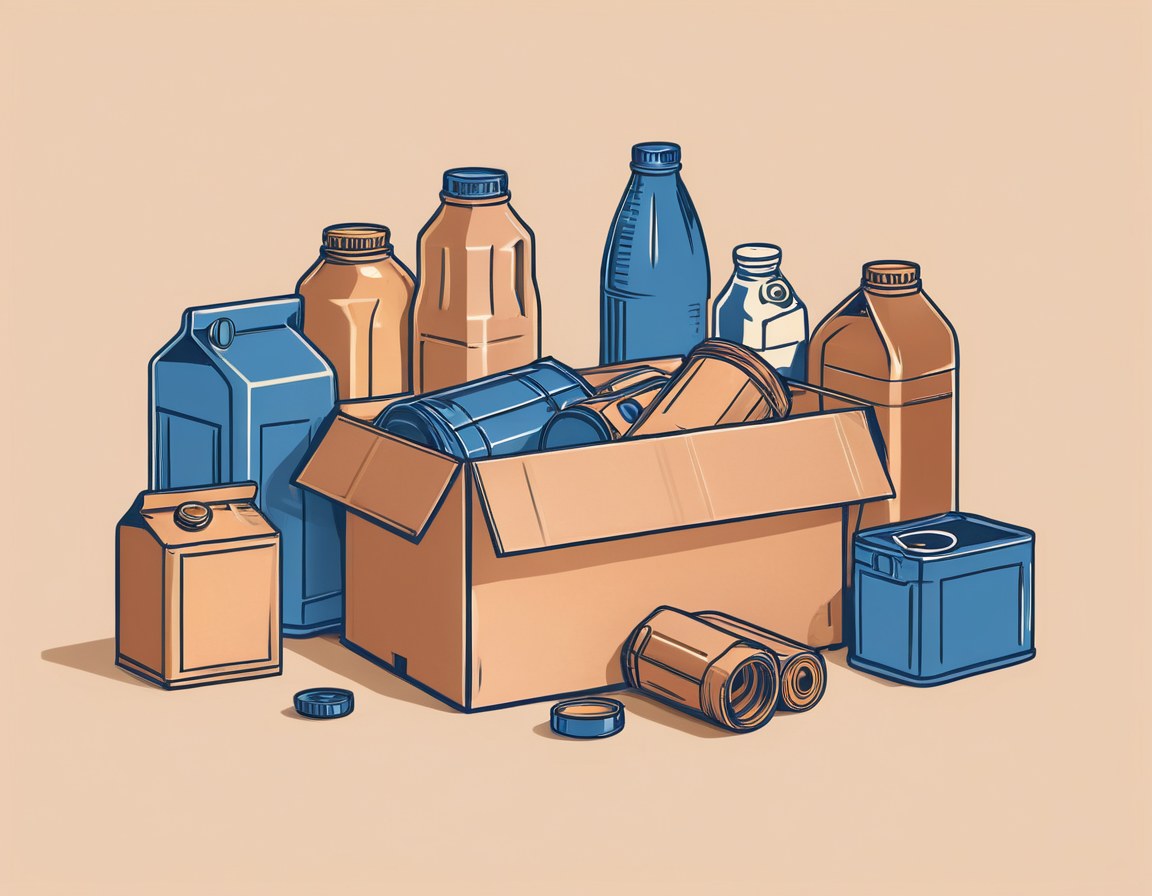Ilustración de reciclables domésticos clasificados junto a una caja de acopio