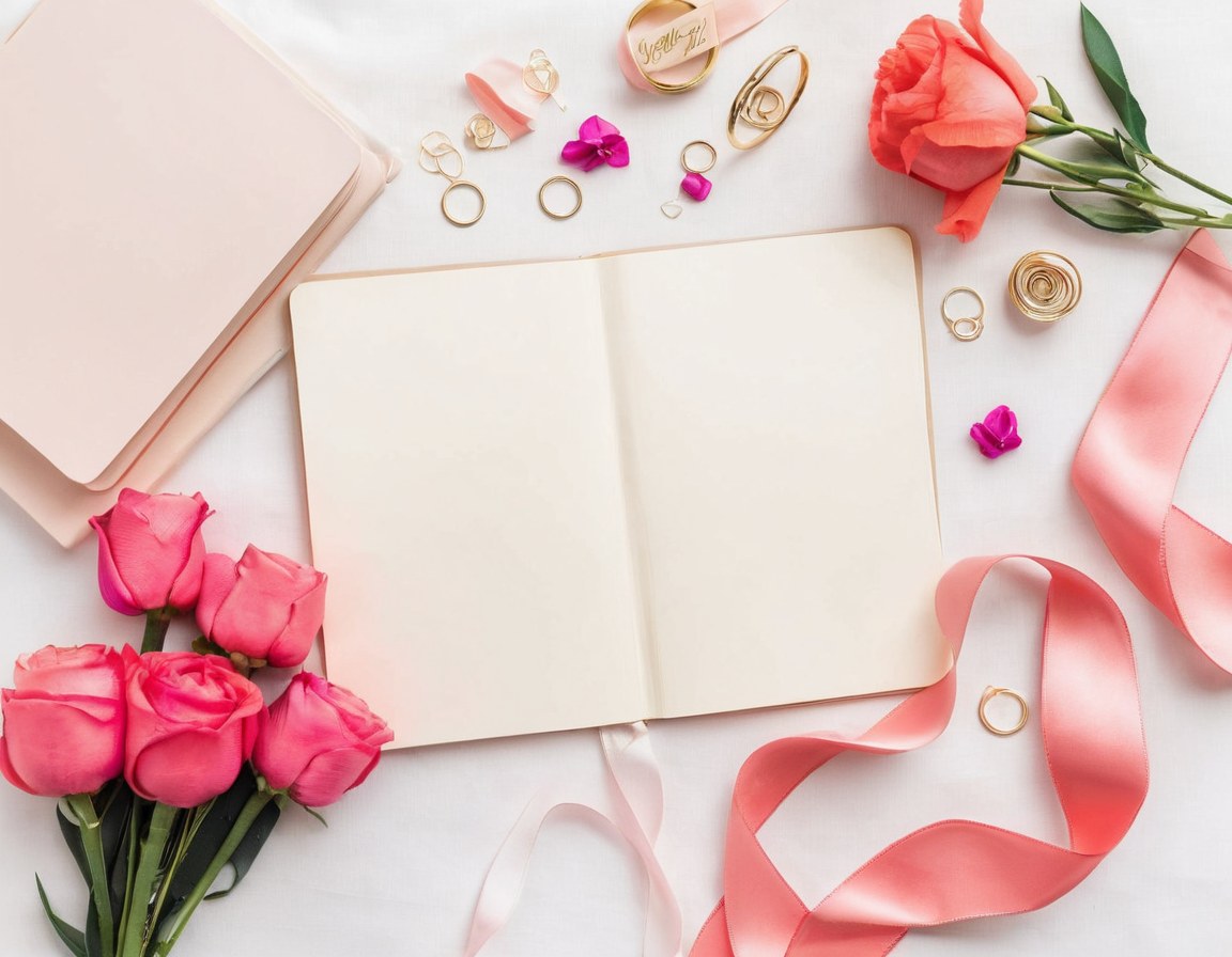 Mesa de planeación de boda vista desde arriba con flores, listones y una libreta cerrada