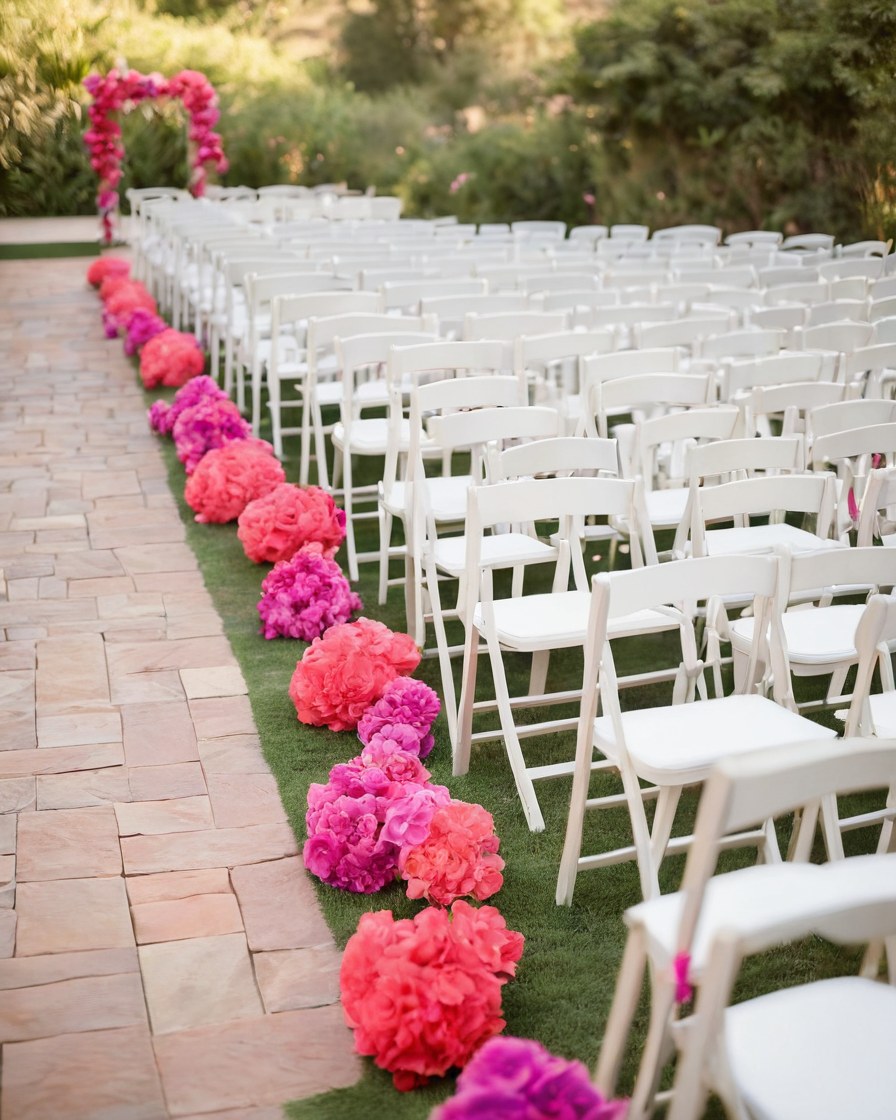 Pasillo de ceremonia al aire libre con arreglos florales y sillas blancas