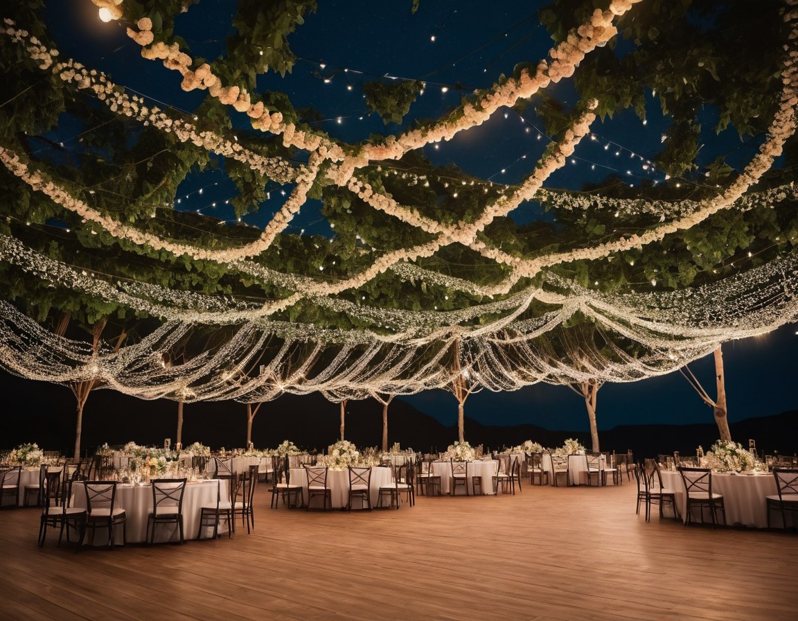 Terraza de recepción de noche con instalación floral colgante e iluminación cálida