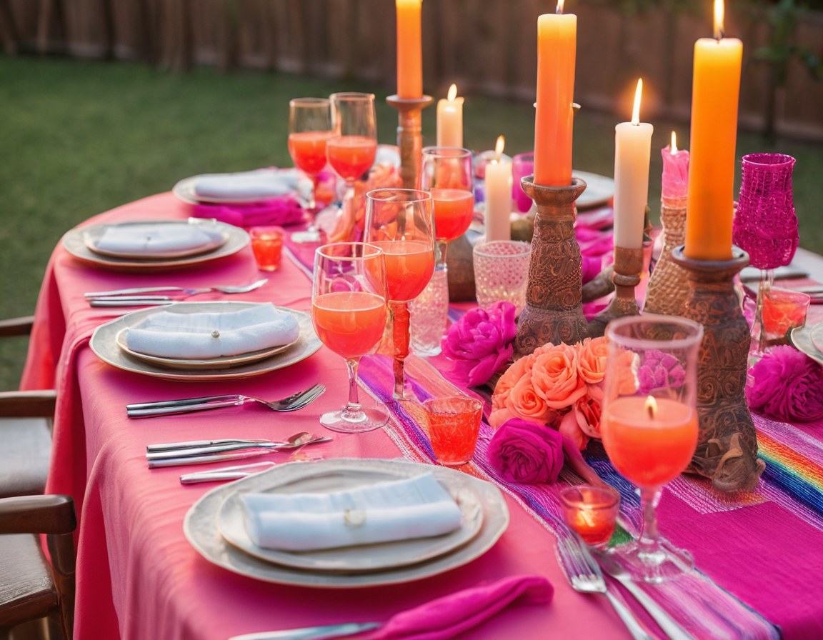 Mesa de banquete de boda con flores, velas y mantelería de colores