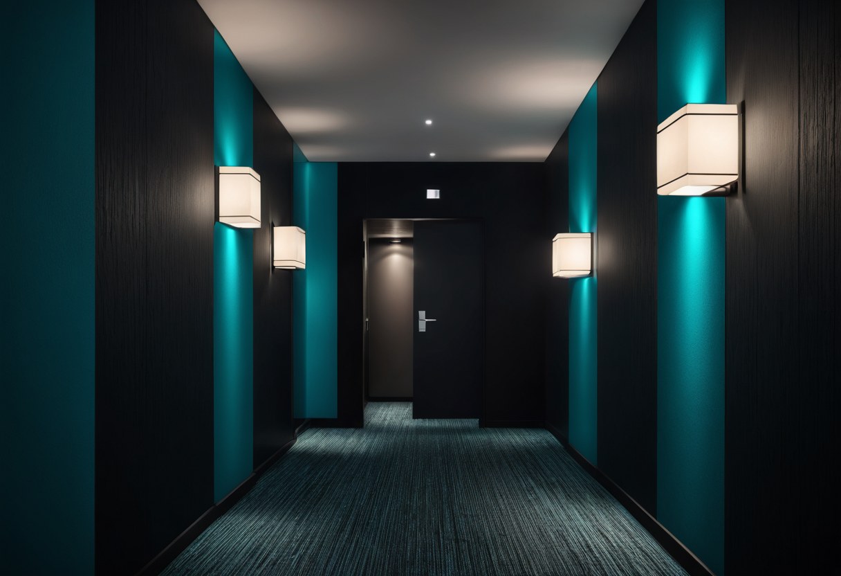 Pasillo de un auto hotel con puertas cerradas y guías de luz cian en el piso