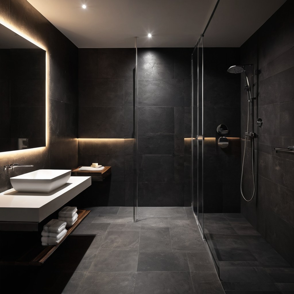 Baño de piedra oscura con regadera amplia y espejo retroiluminado