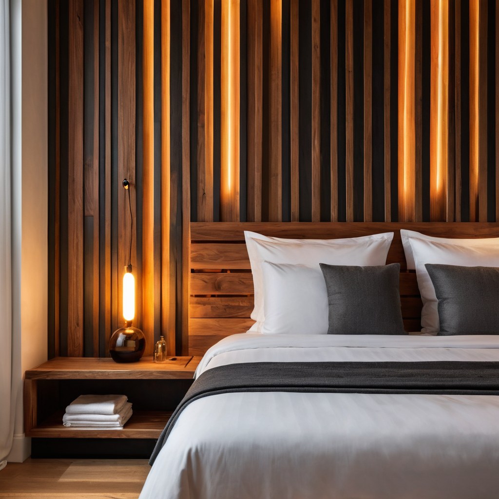 Suite en ámbar y carbón con muro de listones de madera