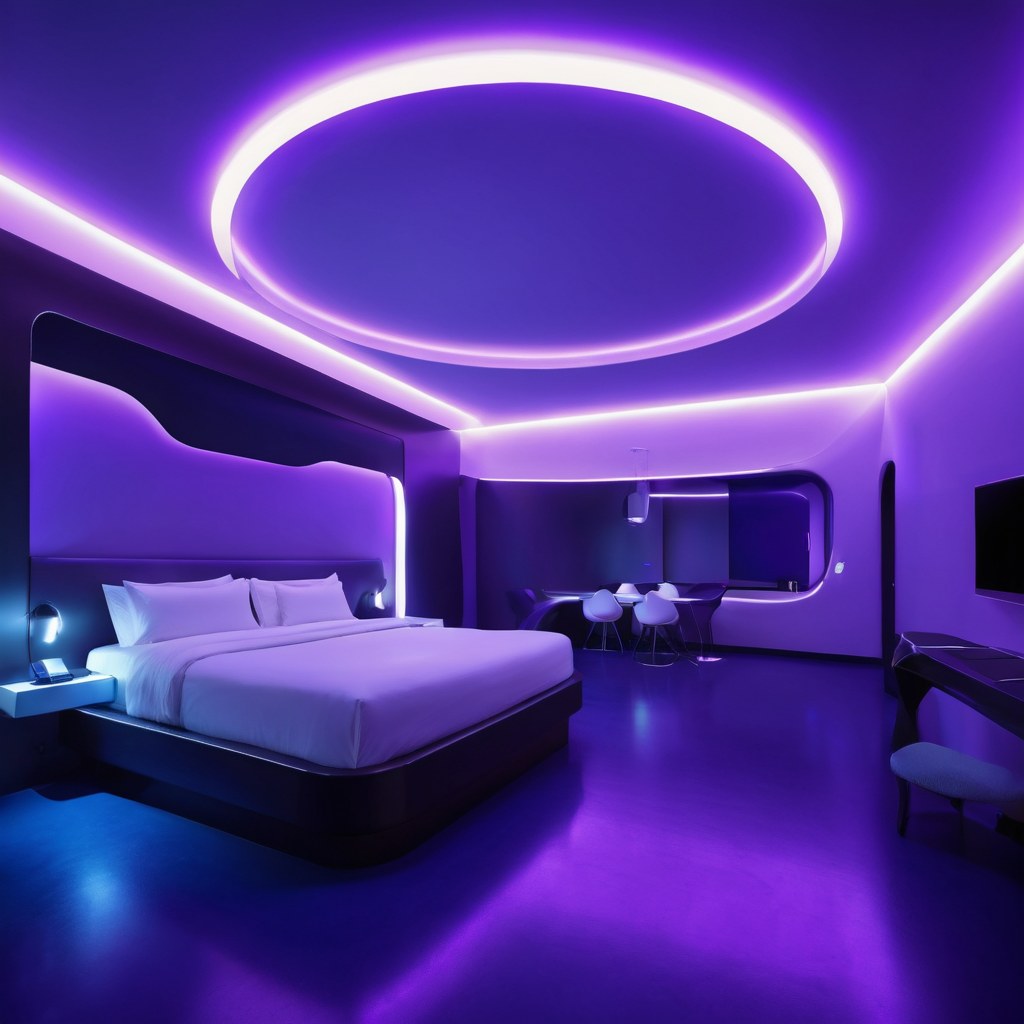 Suite con cornisas curvas iluminadas en violeta y azul