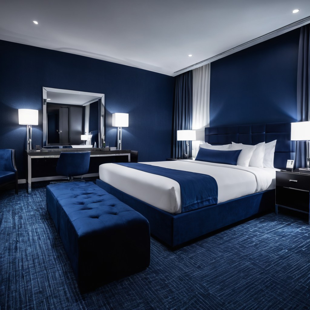 Suite azul medianoche con detalles de cromo y cama baja