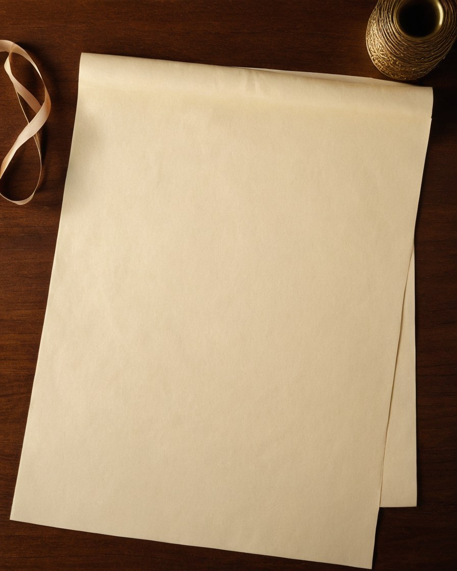 Papel color crema con grabado en seco, listón de archivo y el canto de un escritorio de nogal