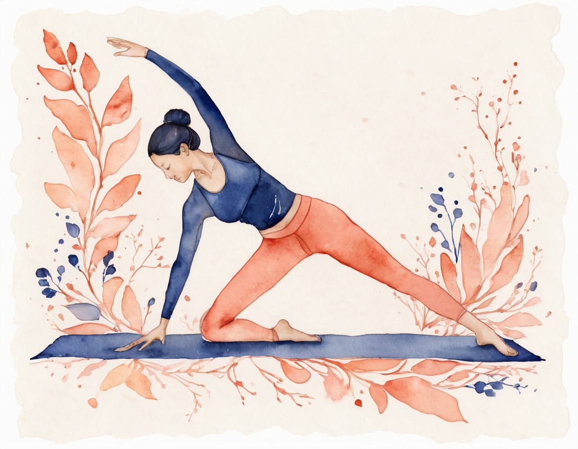 Ilustración en acuarela de una persona practicando yoga entre manchas de pigmento y hojas dibujadas a tinta