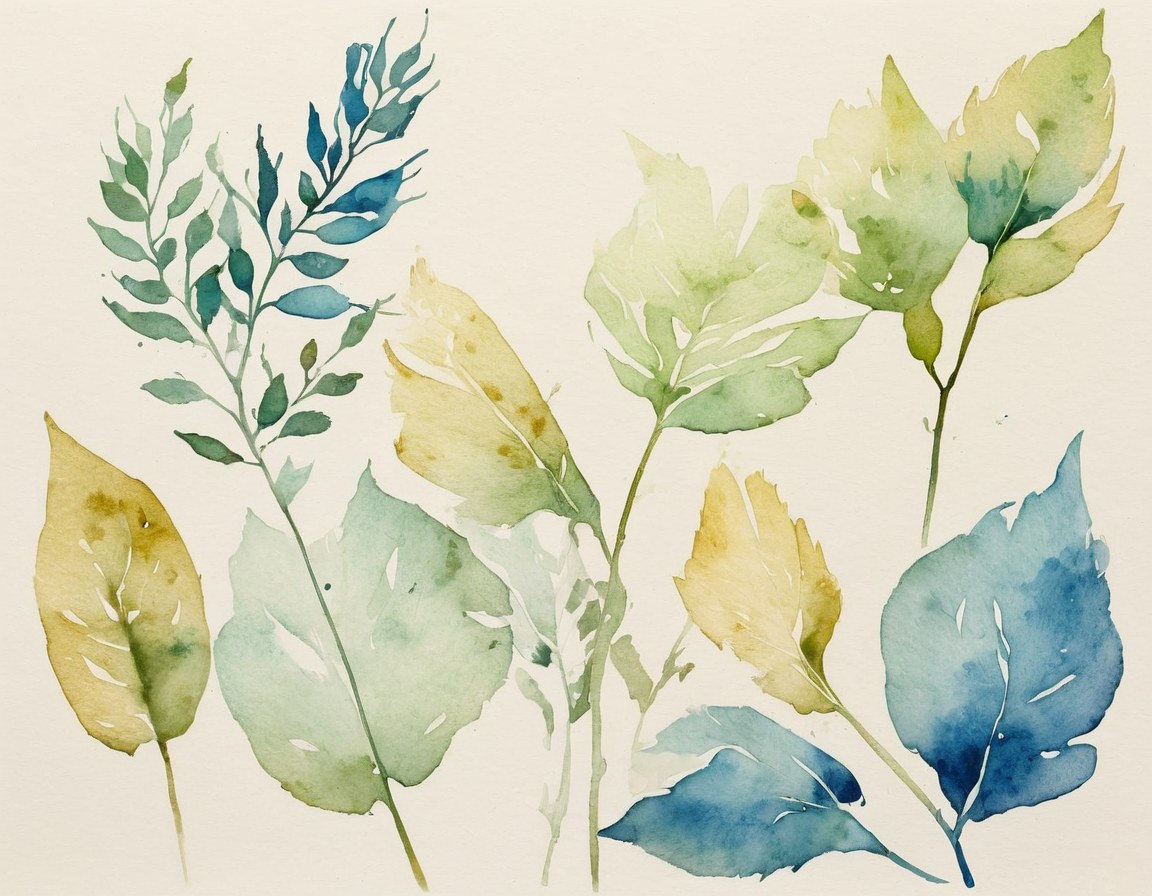 Composición en acuarela con siluetas de hojas en azul verdoso, ocre y verde claro