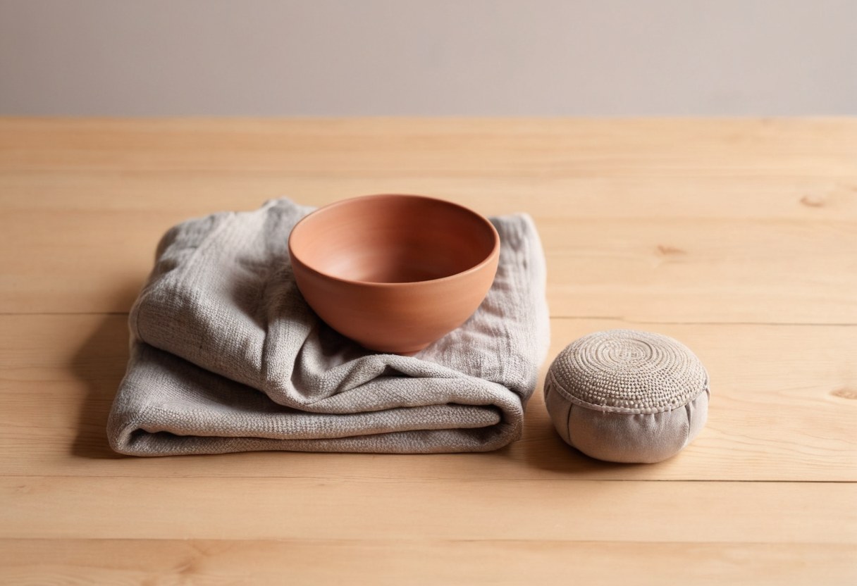 Taza de barro, cobija doblada y cojín de meditación acomodados sobre madera clara